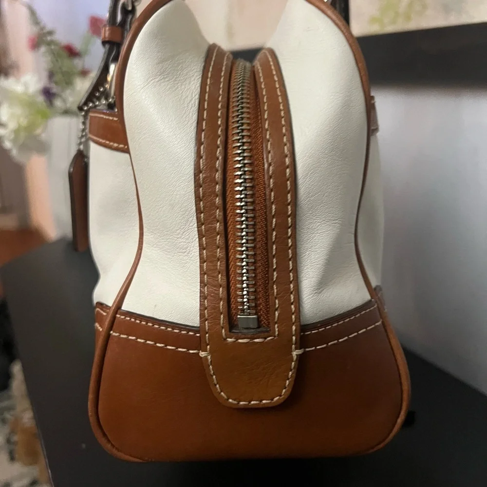 Coach Hampton Medium Ivory Beige Leather Trim Satchel Handbag 2007